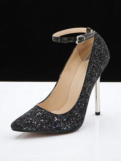 Heels Women's Stiletto – Pointed Sparkly Glitter Gold Toe
