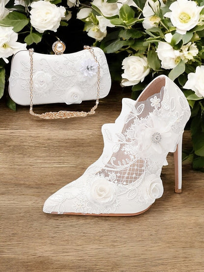 White Wedding Shoes Floral with Embellishments Lace