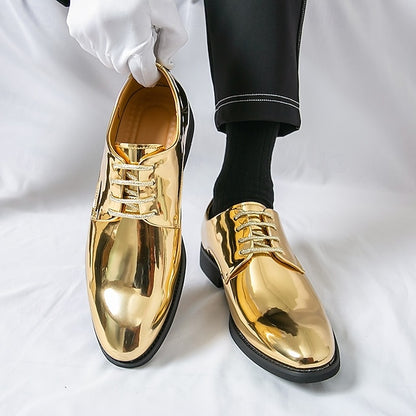 for – Patent Gold Shiny Shoes Leather Men Sleek Lace-Up