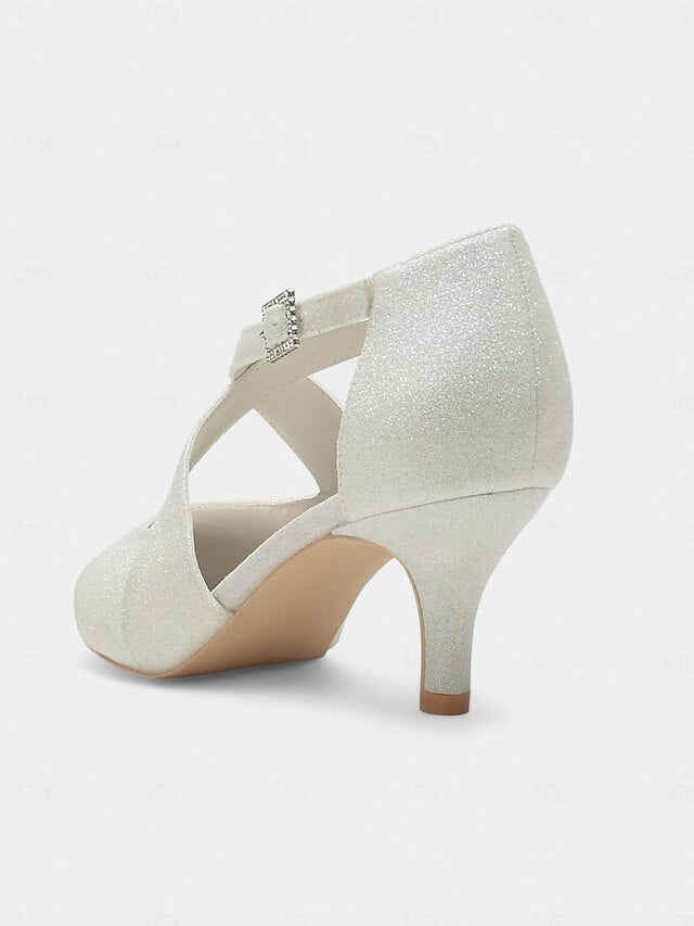 White Strap Buckle Cross Kitten Heels Rhinestone Glitter with