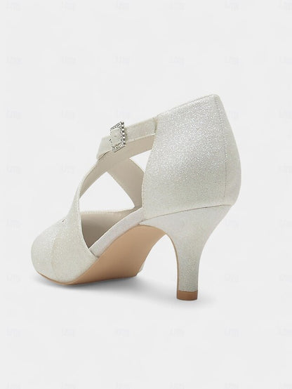 White Strap Buckle Cross Kitten Heels Rhinestone Glitter with