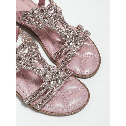 T-Strap Rhinestone Sandals Boho – Flat Women's Silver