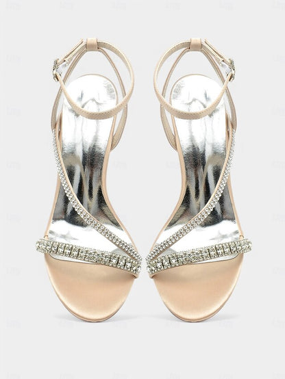 Champagne Satin Sophisticated Strappy Rhinestone Heels –