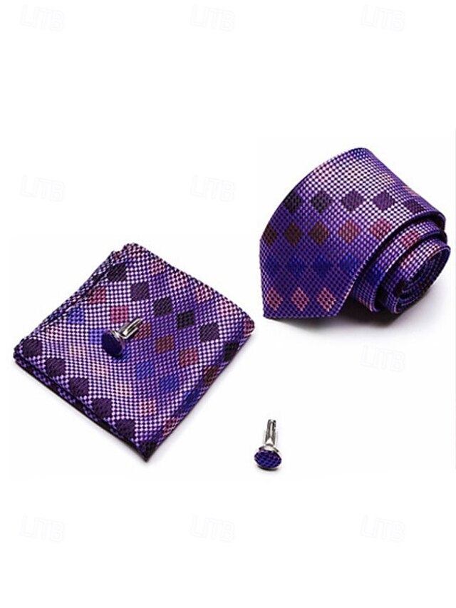 Men's Silk Checkered Square and Set Pocket Purple Tie –