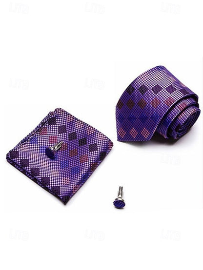Men's Silk Checkered Square and Set Pocket Purple Tie –