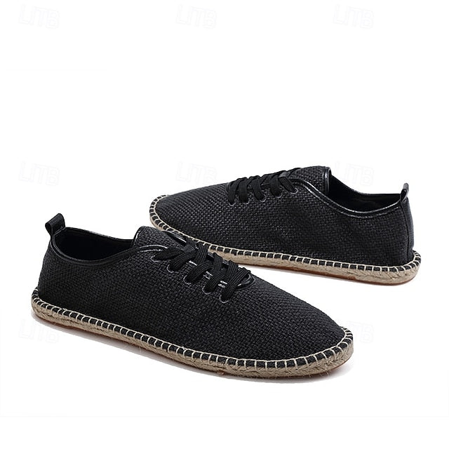 Men's Beige Canvas Lace-Up Espadrille Shoes with Jute Rope