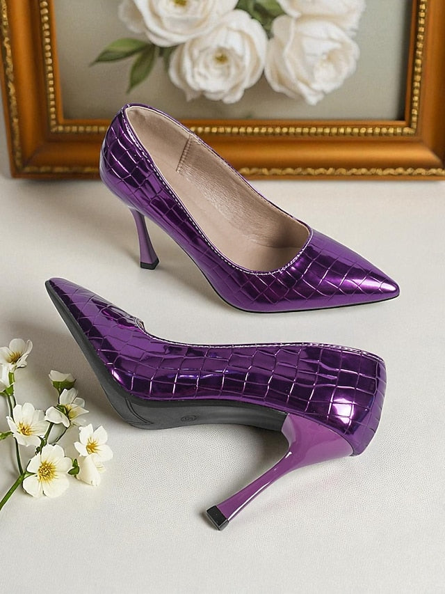 Silver Pointed Heels Toe Leather Patent PU Women's