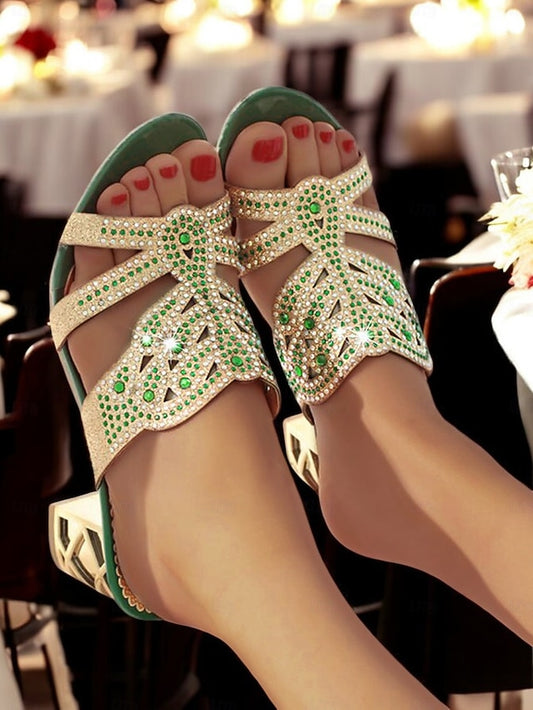 Gold Sandals Green Rhinestone Heeled Embellished - and