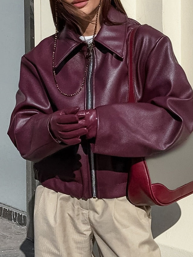 Leather Women's Warm Pocket Faux Zipper Comfortable Jacket