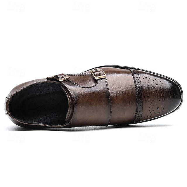 Double with Brown Monk Faux Men's Leather Strap Shoes