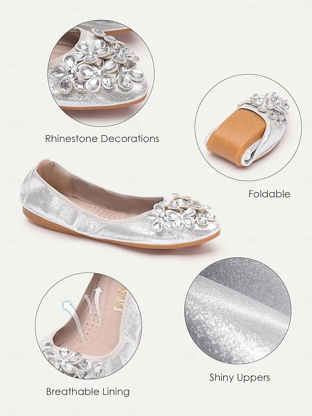 Foldable Silver Rhinestone Flats with Women's