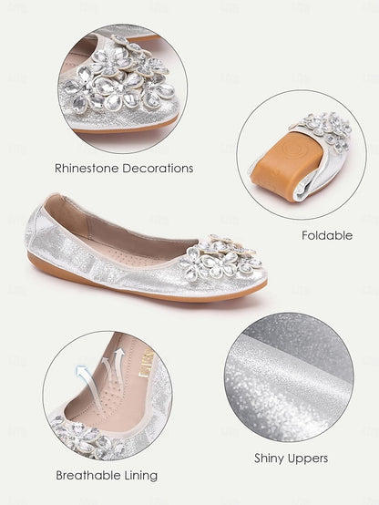Foldable Silver Rhinestone Flats with Women's