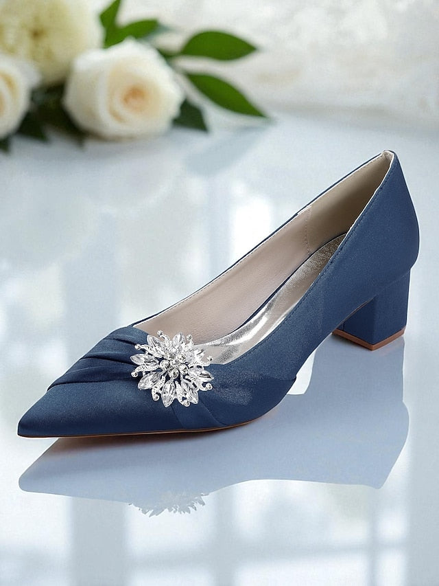 Women's Crystal Heel Pumps Block Low with White