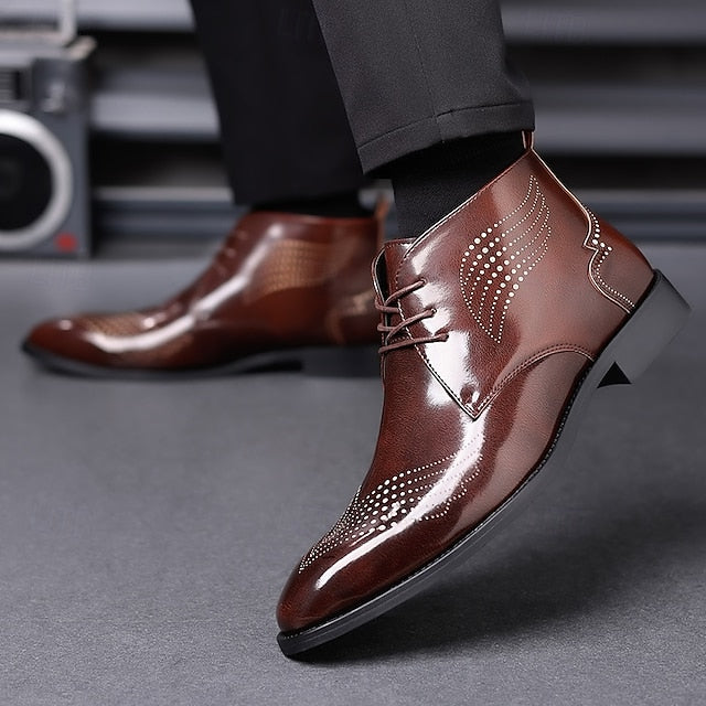 Ankle Leather Men's Brogue Glossy Wingtip Burgundy Faux