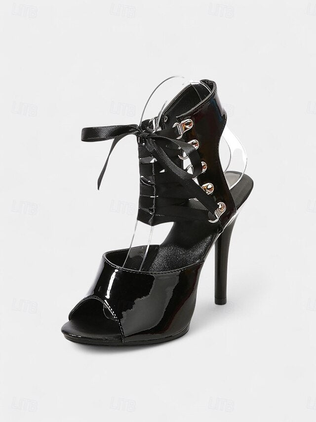 Cutout Women's Sandals Sexy - Patent Stiletto Lace-Up Black