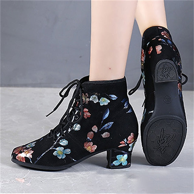 Comfortable Shoes Black – Lace-up Women Low Floral Dance for