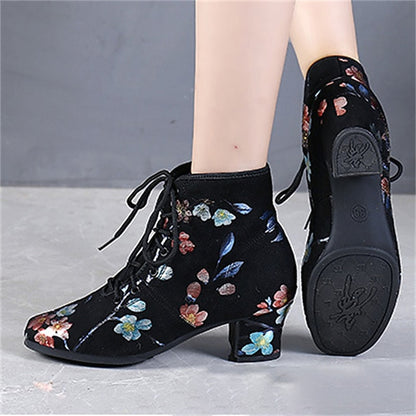 Comfortable Shoes Black – Lace-up Women Low Floral Dance for