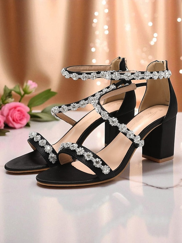 Open - Rhinestone Elegant Heel Women's Sandals White Block