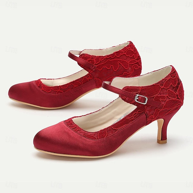 Mid-Heel Lace - Women's Elegant Satin Heels Comfortable Red