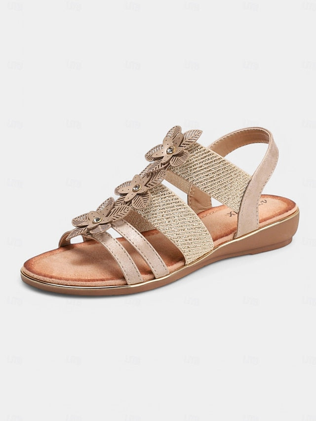 Elegant Rhinestone Flat Floral – Sandals Women's Beige