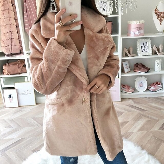 Coat Faux Casual Fur Warm Pocket Comfortable Women's