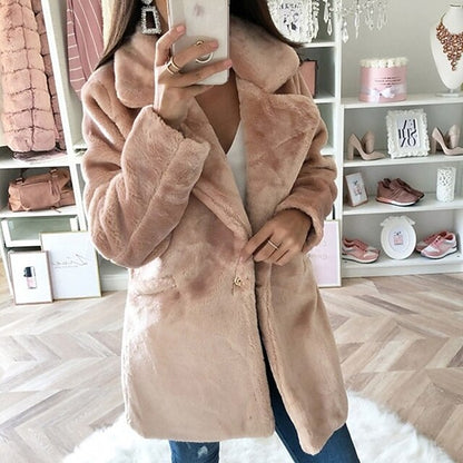 Coat Faux Casual Fur Warm Pocket Comfortable Women's