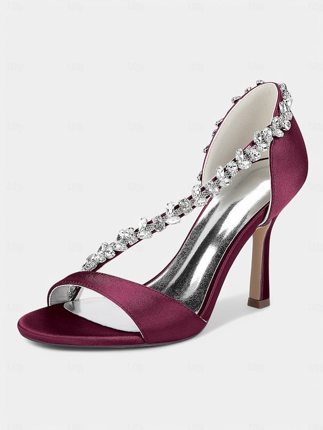 Champagne Satin – Women's with High Heels Crystal T-Strap