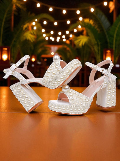 Women's Sandals Embellished Platform Pearl Block Heel White