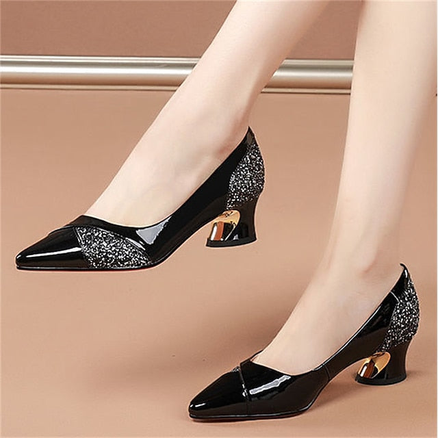 Faux Heels Glitter-Accented Women's Leather Block Patent