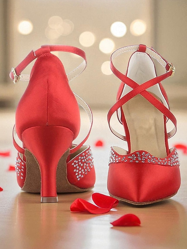 - Ballroom Toe Red Shoes Dance Satin Closed Cross Women's