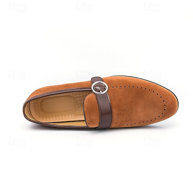 Slip-On Strap Brown Faux Loafers with Suede Buckle Men's