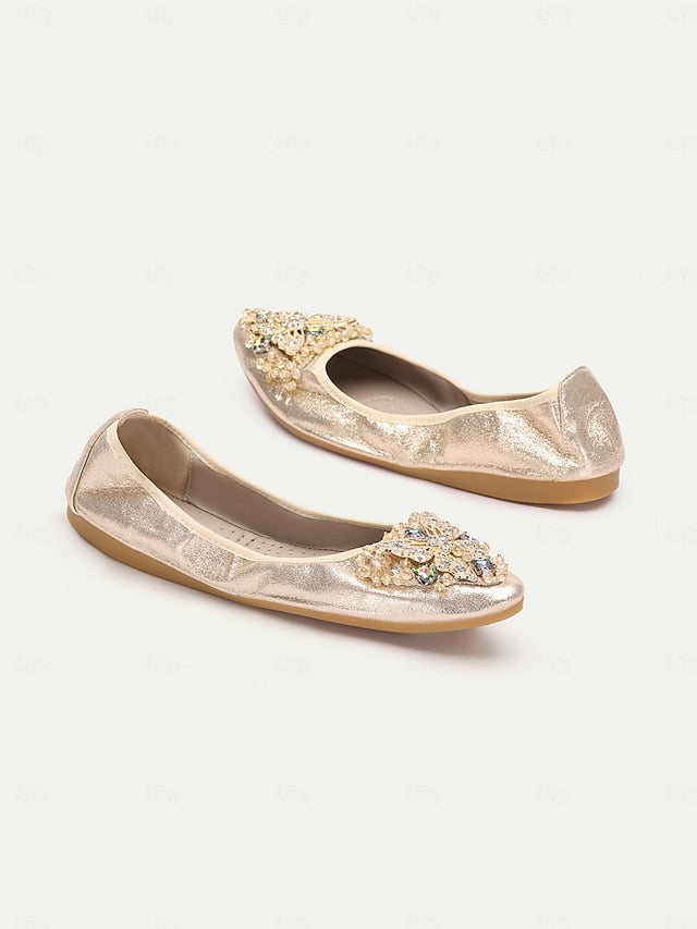 Flats with Women's Foldable Crystal Glitter Gold