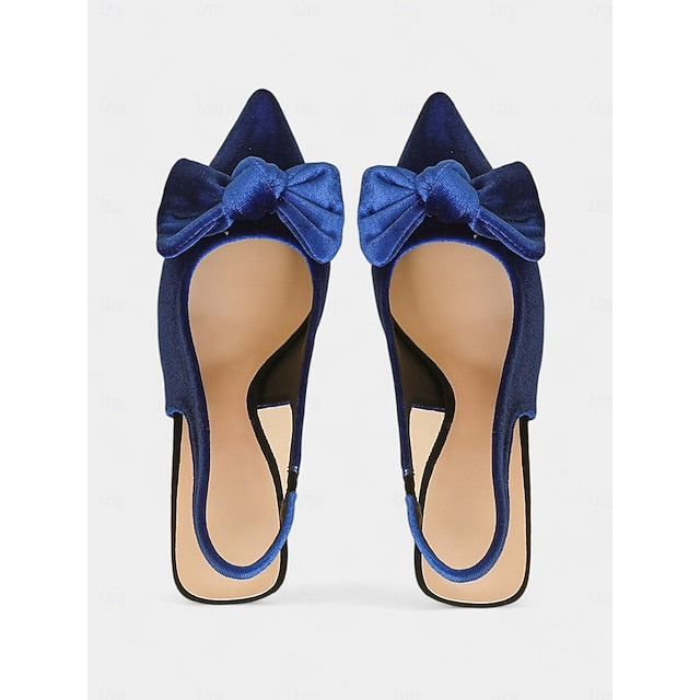 with Toe Blue Women's Velvet Heels Pointed Slingback Bow