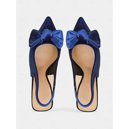 with Toe Blue Women's Velvet Heels Pointed Slingback Bow