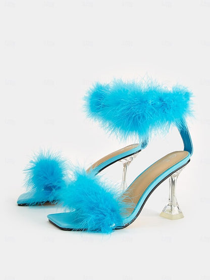 Feather-Embellished Heel with Sandals Turquoise Clear High