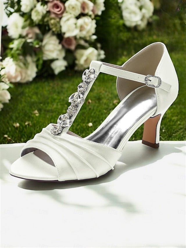 Crystal Detail Heels – Open-Toe Satin White with Bridal