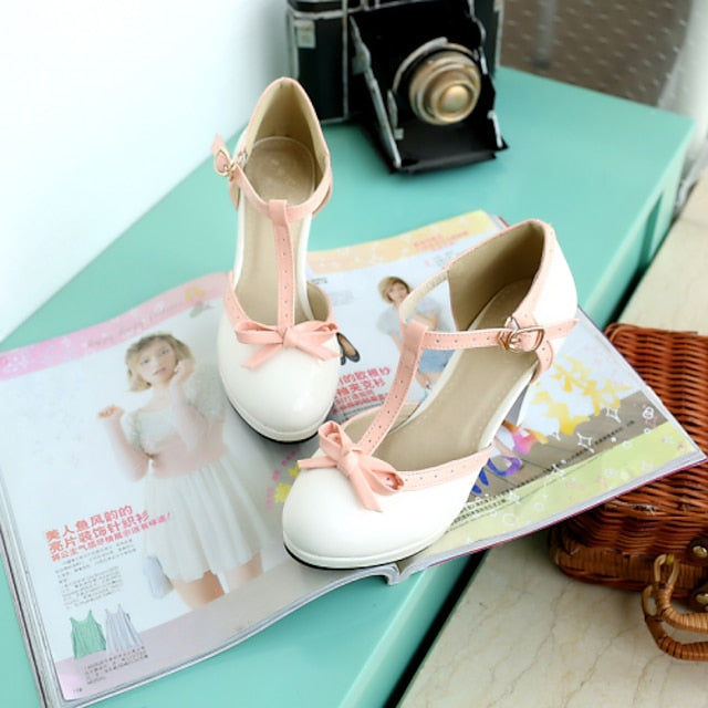 Black T-Strap Patent High Leather White with Women's Heels