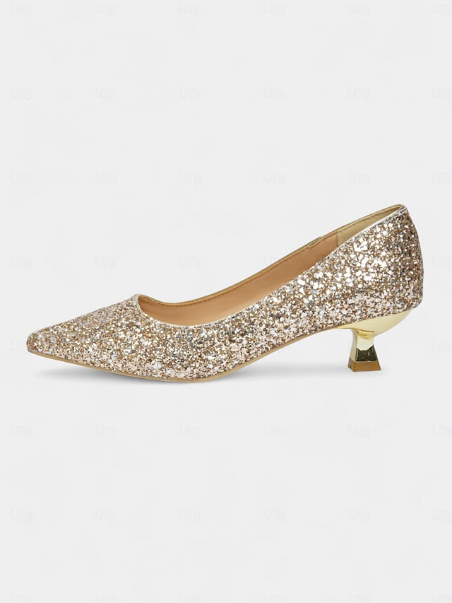 Toe Pointed Heel Women's Pumps Low Glitter - Sparkly