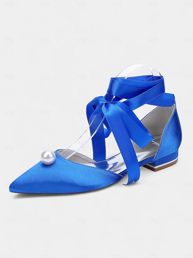 Embellished Satin Pointed Women's Navy - Pearl Flats Toe