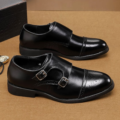 Double with Brown Monk Faux Men's Leather Strap Shoes