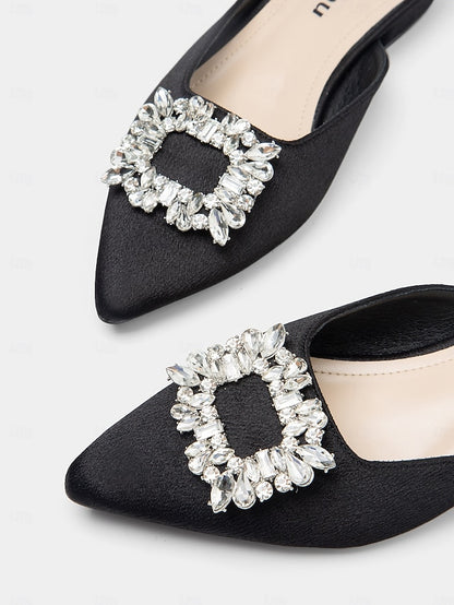 Satin Women's Rhinestone Pointed-Toe with Black Mules
