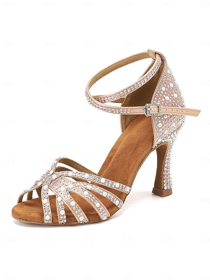Rhinestone-Embellished Latin Tan High Sandals Dance with Heel