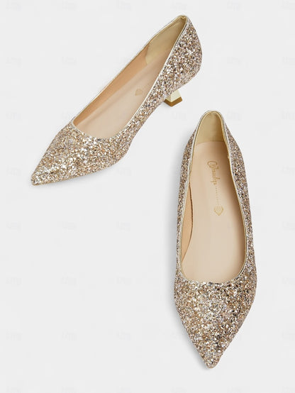 Toe Pointed Heel Women's Pumps Low Glitter - Sparkly