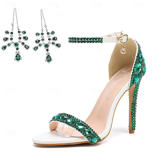 Heels Stiletto Rhinestone Matching Ankle Green Women's with