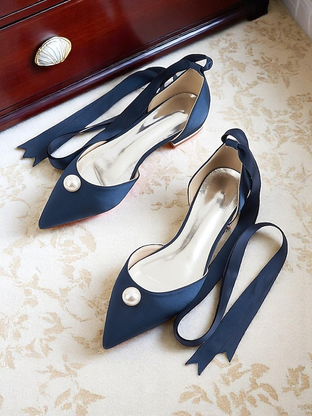 Embellished Satin Pointed Women's Navy - Pearl Flats Toe