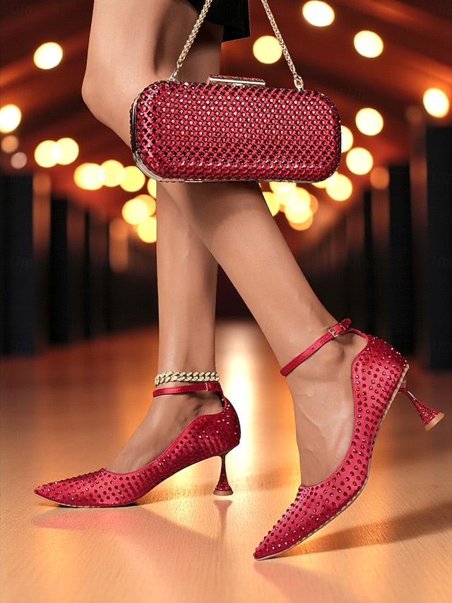 Clutch Bag Heels and Green Set Rhinestone Women's Matching