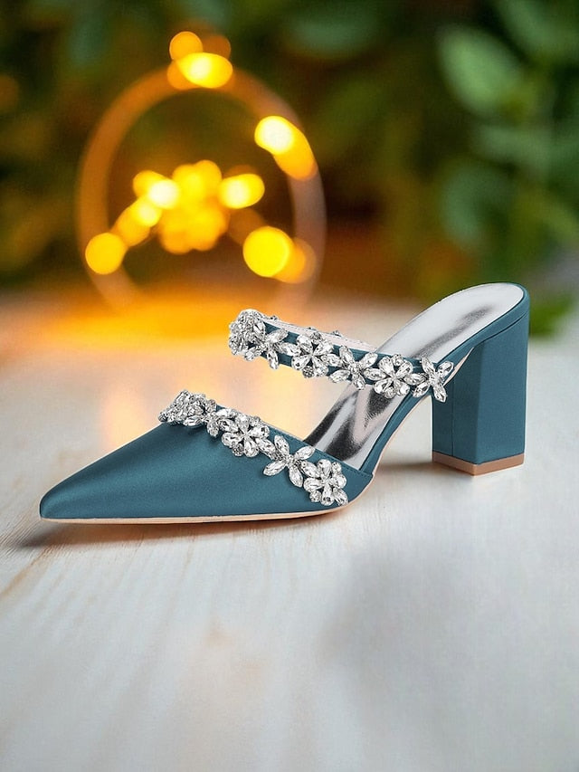 Women's Floral Satin Black Rhinestone Heel Mules Block with