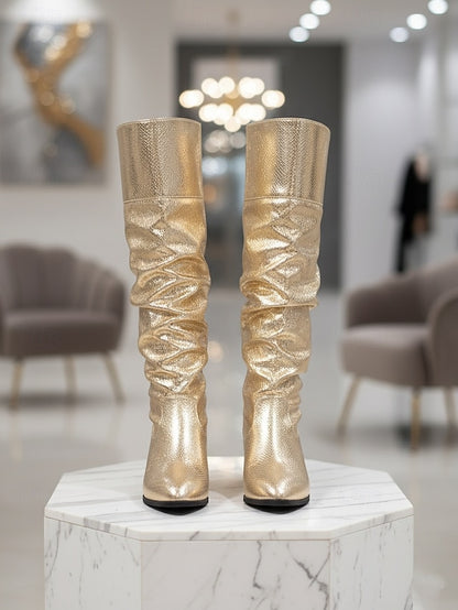 Women's Party High - Gold Boots Shiny Knee Metallic Slouch
