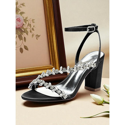 Block Rhinestone Heel - Straps with Sandals White Women's