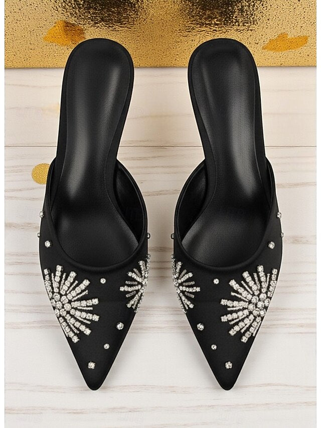 with Satin Women's Toe Rhinestone Mules Black Pointed